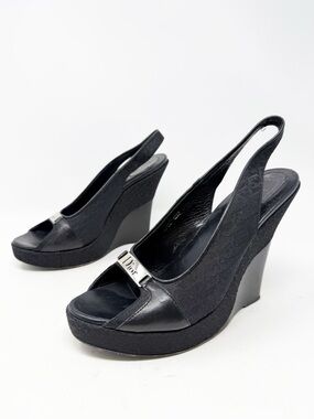 Christian Dior Monogram Slingback Wedge Sandals Black Womens Size EU 40